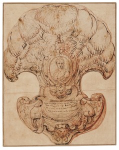Agostino Carracci BOLOGNA 1557 - 1602 PARMA DESIGN FOR A FAN WITH OSTRICH FEATHERS AND A MEDALLION WITH A PORTRAIT OF A WOMAN - Pen and brown ink over red chalk