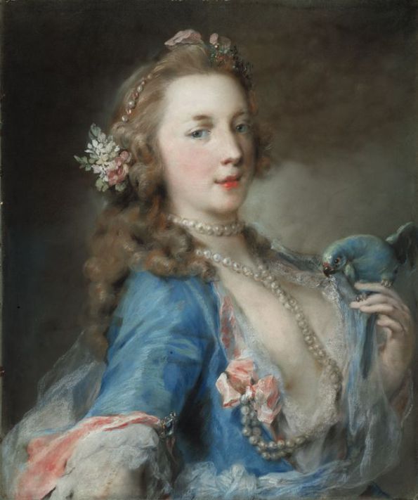 A Young Lady With a Parrot by Rosalba Carriera, Pastel on blue laid paper, mounted on laminated paper board