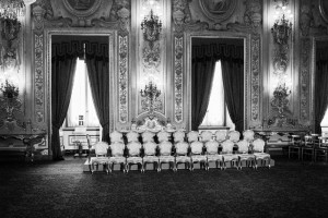 The empty seats of the 21 ministers appointed by the new Prime Minister of Italy Enrico Letta are here before the swearing ceremony of their new government, supported by the so-called "Grand Coalition" between the right wing People of the Freedom (PdL) of Silvio Berlusconi, the centre-left Democratic Party, and the centric Civic Choice of former Prime Minister Mario Monti, who all have opposed each other during the campaign leading up to the February 2013 general elections, here at the Quirinale, the presidential palace, in Rome, Italy, on April 28th 2013. After a two-month long post-election deadlock the 87-years old President of the Republic Giorgio Napolitano, who was re-elected a week earlier on April 20th for a second term after 7 years in office, invited the vice-secretary of the Democratic Party Enrico Letta on April 24th to form a new government.