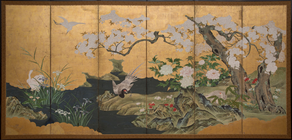 Paesaggio primaverile con fagiani Scuola Kano, XVIII secolo Metà del periodo Edo (16151867) Paravento a sei ante Inchiostro, pigmenti e gufun su fondo oro, 182 x  376 cm