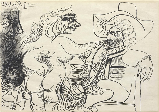 PICASSO,Nu homme a la pipe et amour,, 1969 ,inchiostro su carta, 31.2x44.3 cm