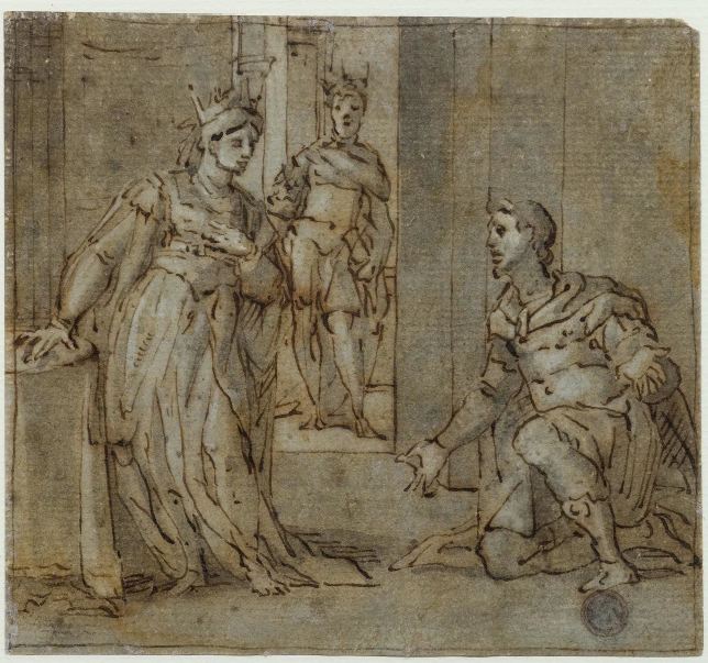 LAZZARO TAVARONE (Genova 1556 – 1641) AMAN IN GINOCCHIO DAVANTI A ESTER Penna e inchiostro bruno, pennello e inchiostro acquerellato, biacca, carta azzurra, controfondato 132x144 mm