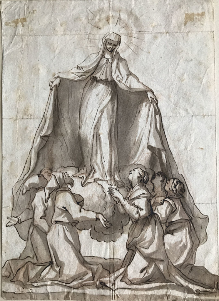 Domenico PIOLA (Genova 1627 – 1703) MADONNA DELLA MISERICORDIA Matita rossa, penna e inchiostro bruno, pennello e inchiostro acquerellato bruno 270x190