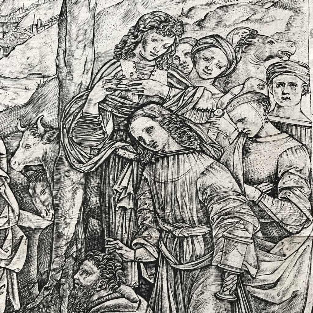 Cristofano ROBETTA (1462 ca. - 1534 post), incisore. Lippi Filippino (1457 ca .- 1504), inventore ADORAZIONE DEI MAGI 1498 circa stampa a bulino 312 mm. x 305 mm. (PARTICOLARE)